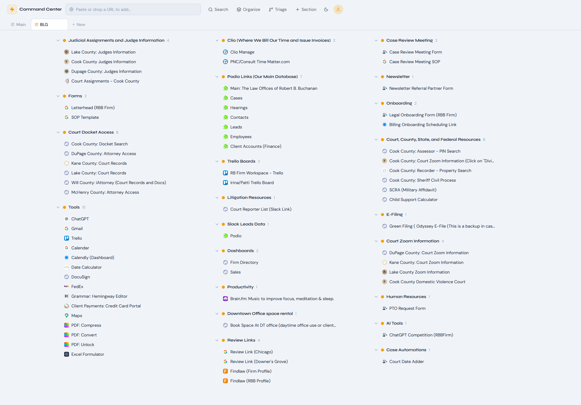 Law firm internal operations command center consolidating court dockets, CRM, billing, and workflow tools in one hub