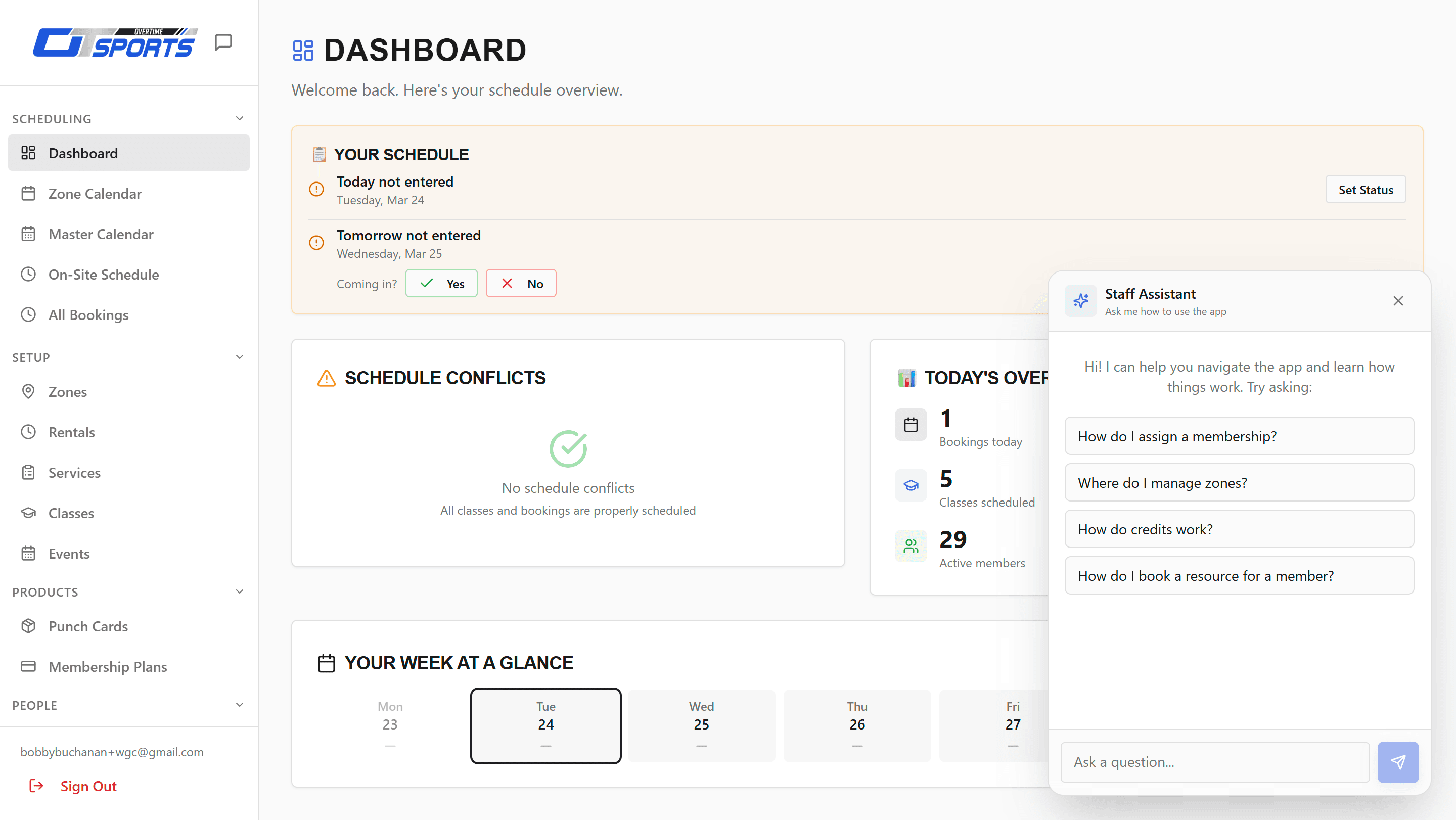 Club management admin panel for OT Sports & Fitness showing member management and AI staff assistant