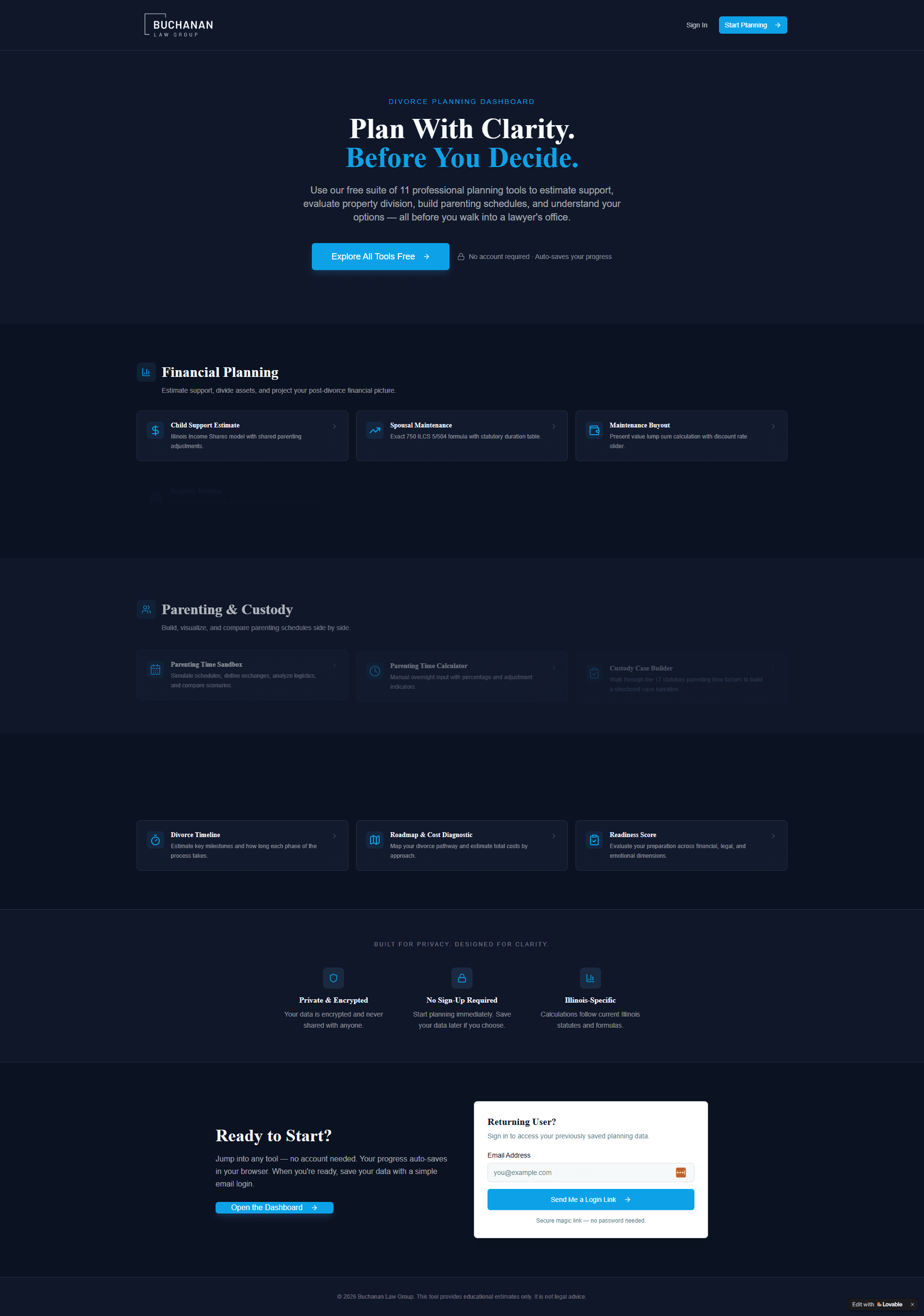 Insight Divorce Guide custom web app for Illinois divorce planning with AI-assisted calculators and tools