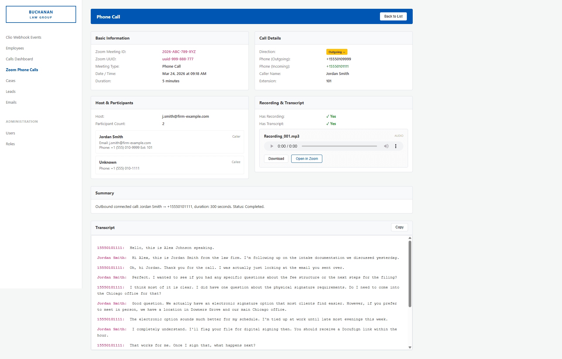 AI-powered phone call intelligence tool for law firm with automatic transcription and case linking